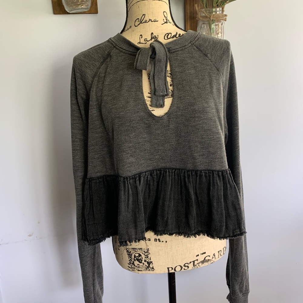 Free People Cropped Sweatshirt Ruffle and Bow in Grey